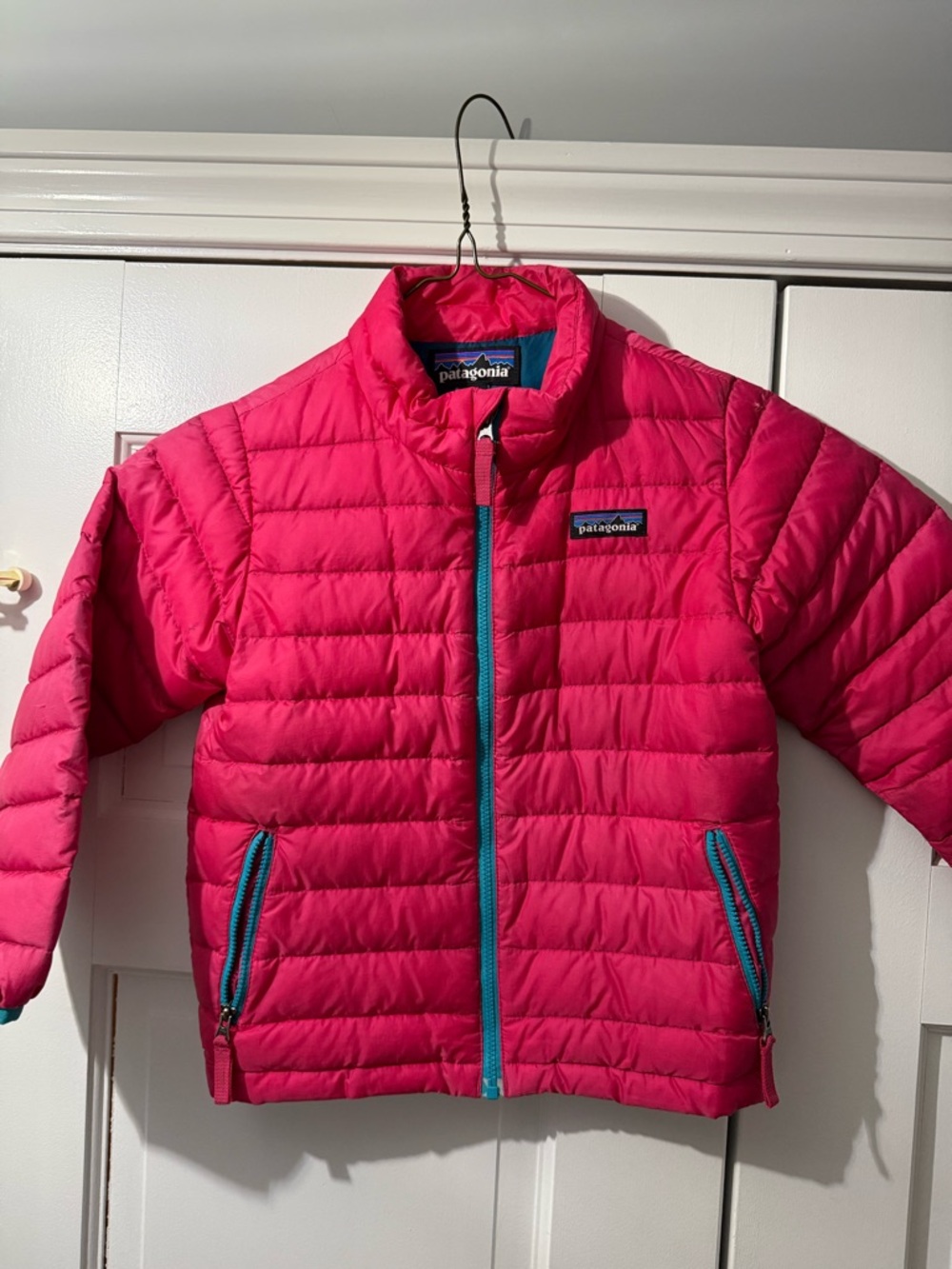 Patagonia Kids Pink Quilted Puff Jacket with Teal Trim